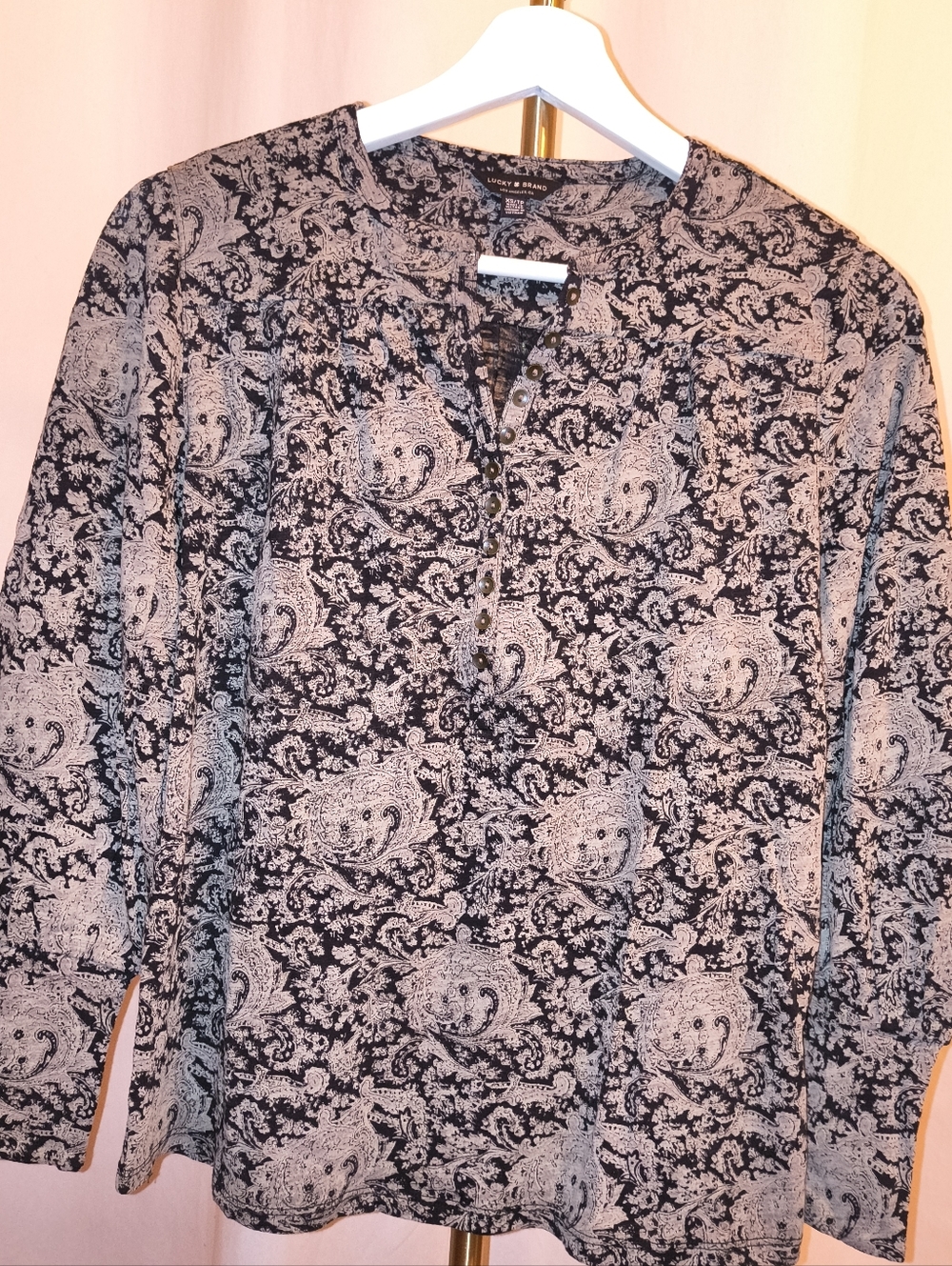Lucky Brand Black and Cream Henley Top